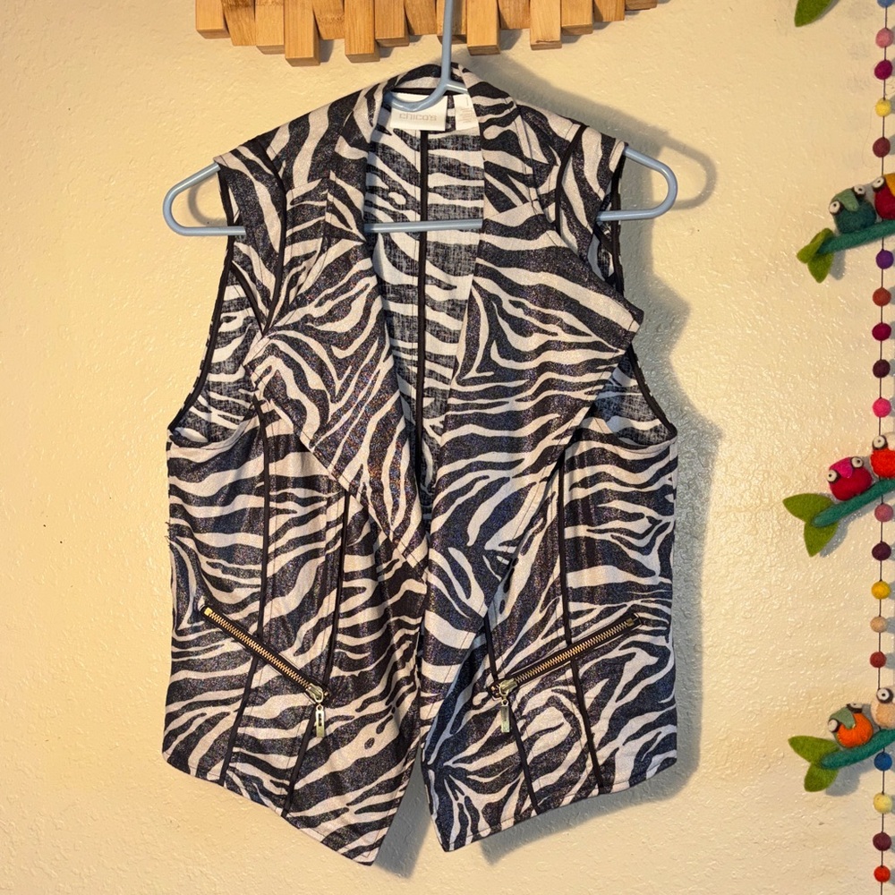NWOT Chico's Foiled Linen Blend Zebra Print Vest. It features a lightweight, un